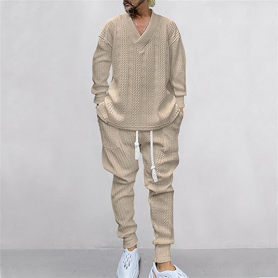 Men's V-Neck Jacquard Tracksuit - MYSTERYBOXS