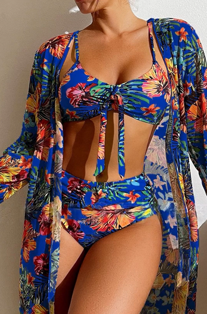 Women's 3-piece V-neck floral print bikini set - MYSTERYBOXS