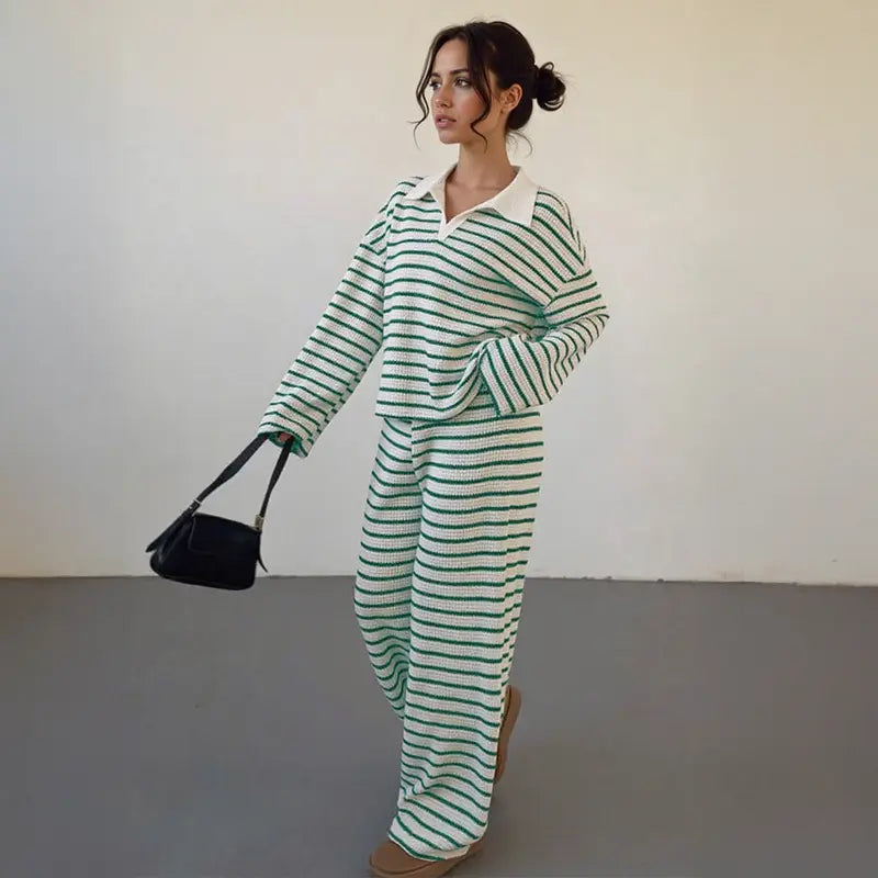 Colorblock striped V-neck loose two-piece set