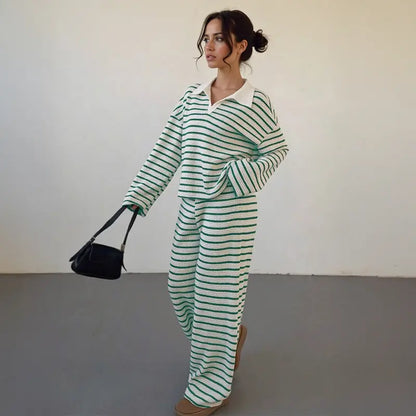 Colorblock striped V-neck loose two-piece set