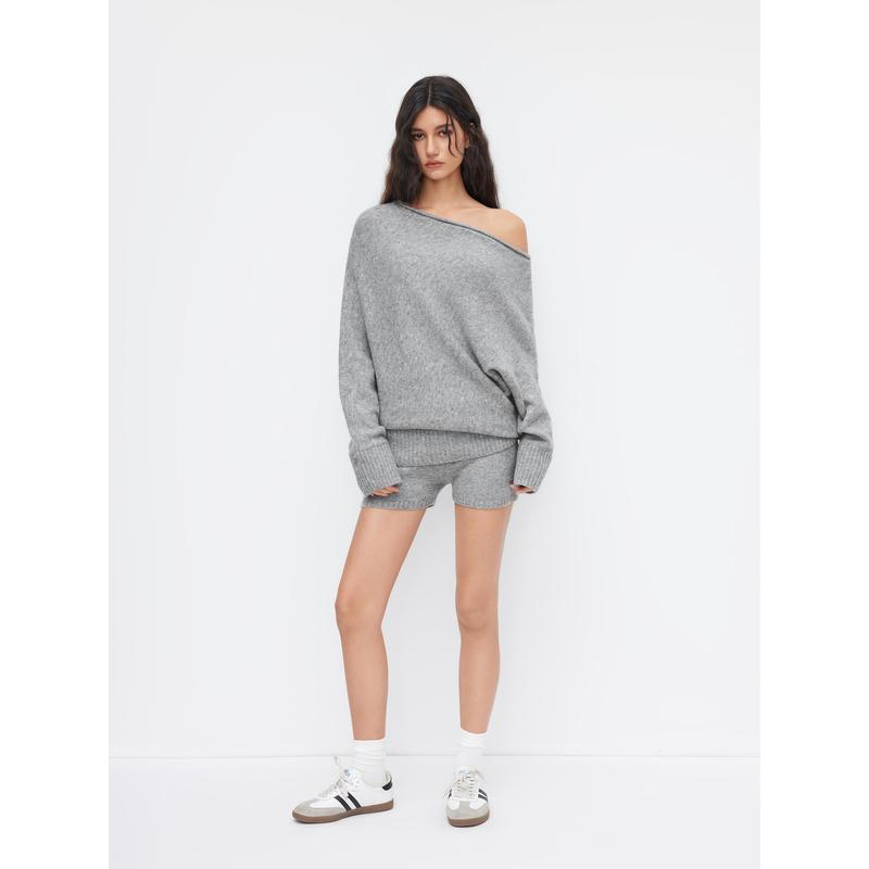 Off-Shoulder Textured Knit Sweater & Low-Waisted Tailored Shorts Co-ord