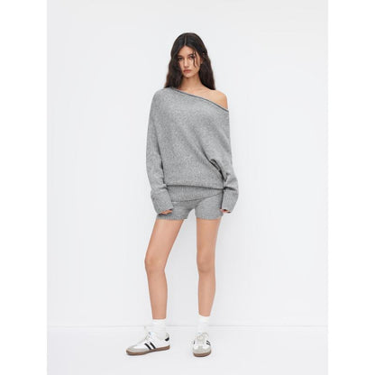 Off-Shoulder Textured Knit Sweater & Low-Waisted Tailored Shorts Co-ord