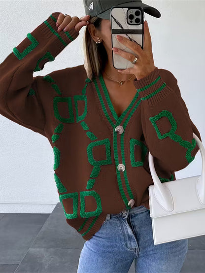 Jacquard color-blocked V-neck button-down cardigan sweater