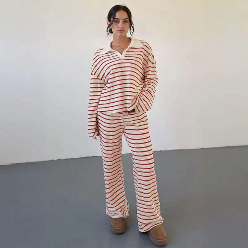 Colorblock striped V-neck loose two-piece set