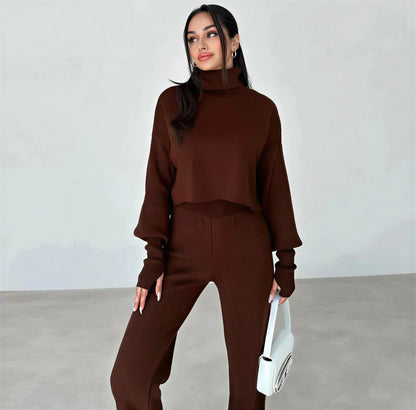 High-neck cropped sweater and high-waisted pants knit set