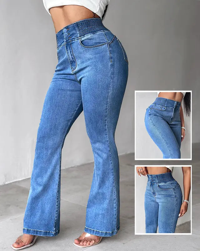 High-waisted gathered button jeans
