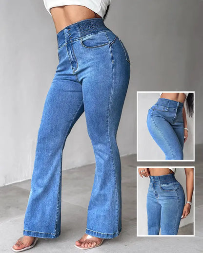 High-waisted gathered button jeans