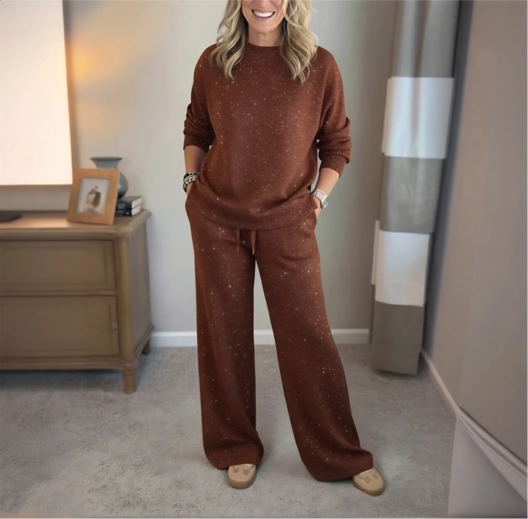 Women Round Neck Hot Diamond Flash Solid Color Casual Suit