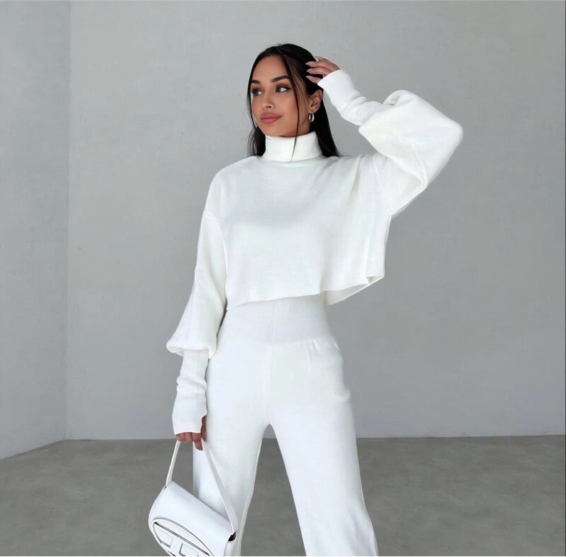 High-neck cropped sweater and high-waisted pants knit set