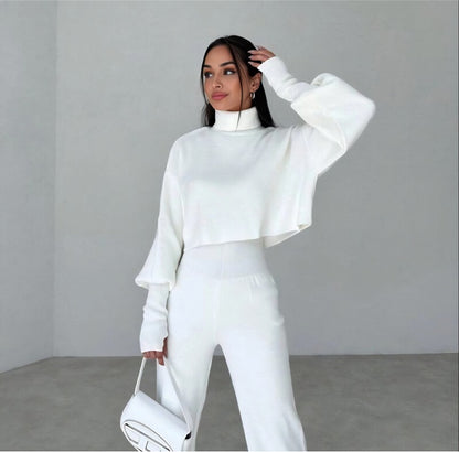 High-neck cropped sweater and high-waisted pants knit set