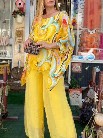 Women Colorful Chiffon Set Summer Casual Crew Neck Printed Two Piece Suit - MYSTERYBOXS