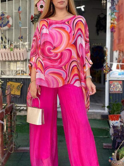 Women Colorful Chiffon Set Summer Casual Crew Neck Printed Two Piece Suit - MYSTERYBOXS