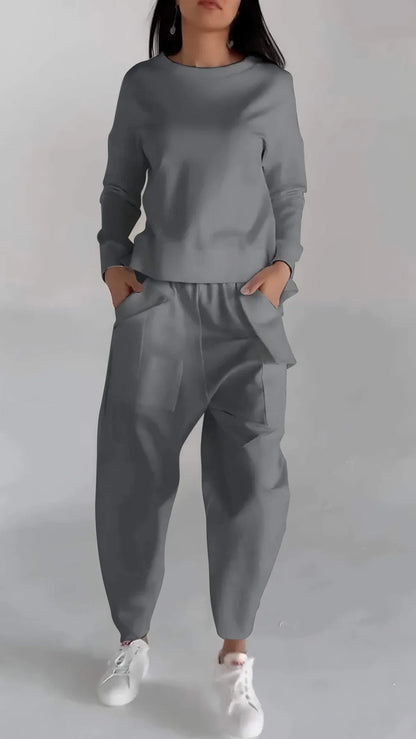 Women's Casual Long-Sleeved Pullover and Wide-Leg Pants Set