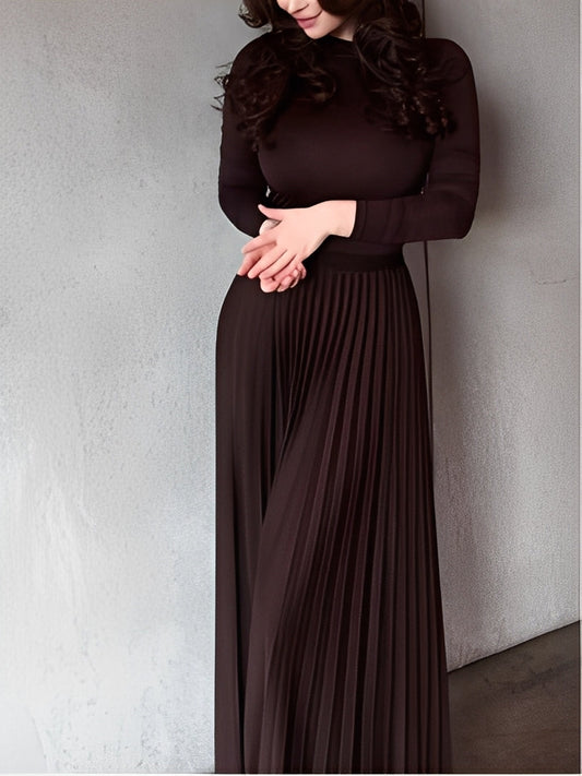 Brown long-sleeved top and pleated skirt set - MYSTERYBOXS