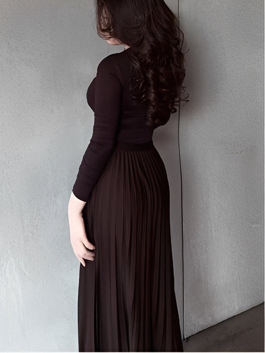 Brown long-sleeved top and pleated skirt set - MYSTERYBOXS