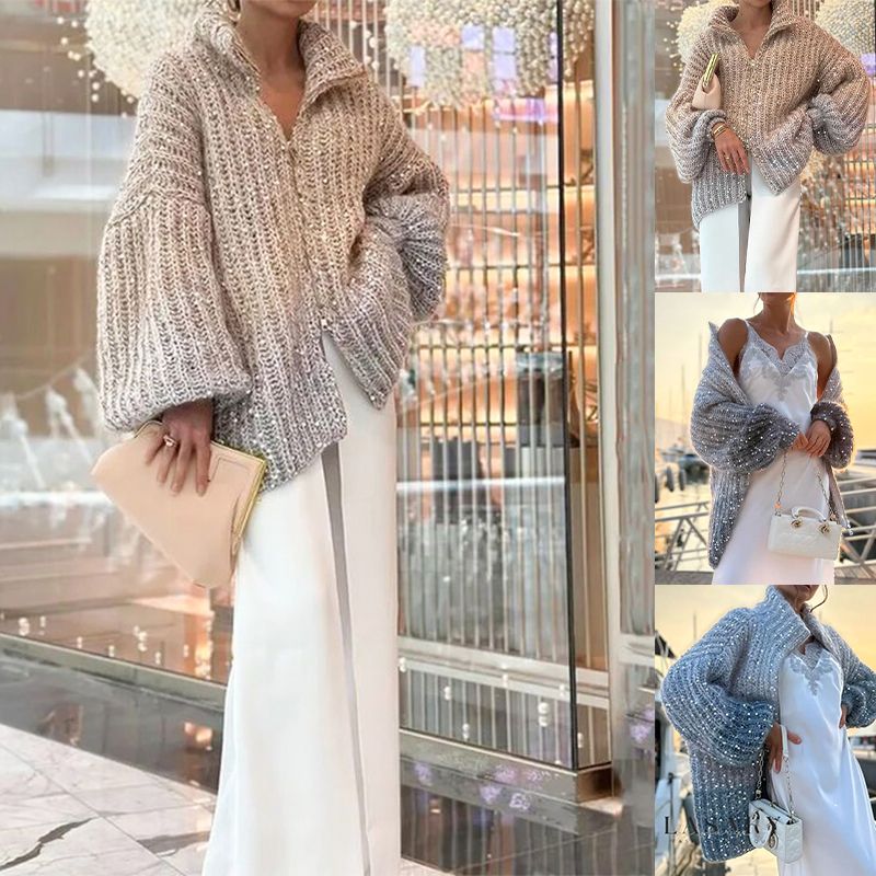 Fashion Sequin Full-Zipper Knit Sweater for Women - MYSTERYBOXS
