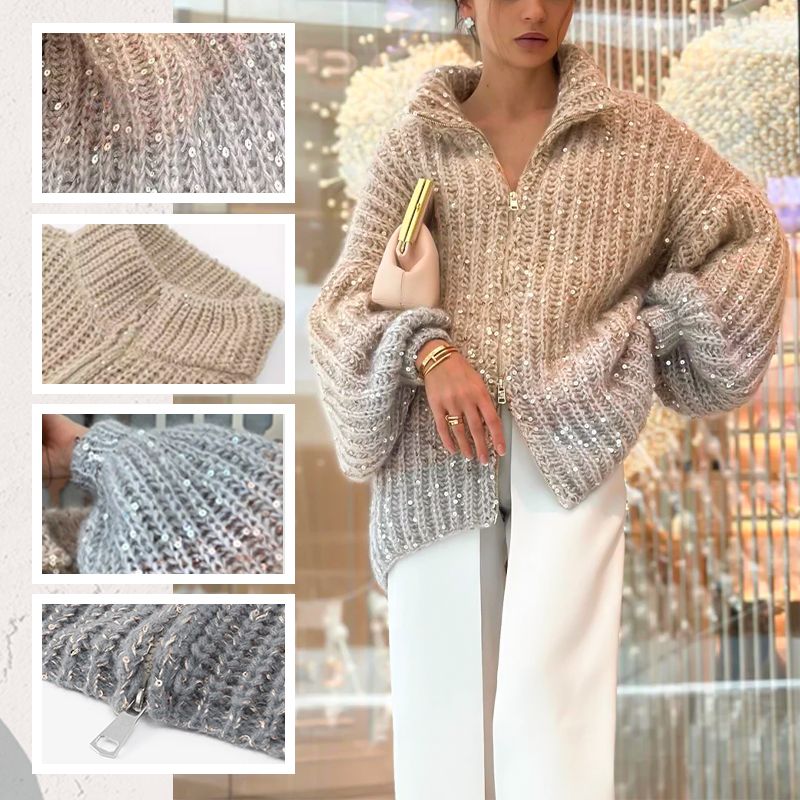 Fashion Sequin Full-Zipper Knit Sweater for Women - MYSTERYBOXS