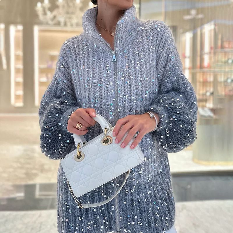Fashion Sequin Full-Zipper Knit Sweater for Women - MYSTERYBOXS