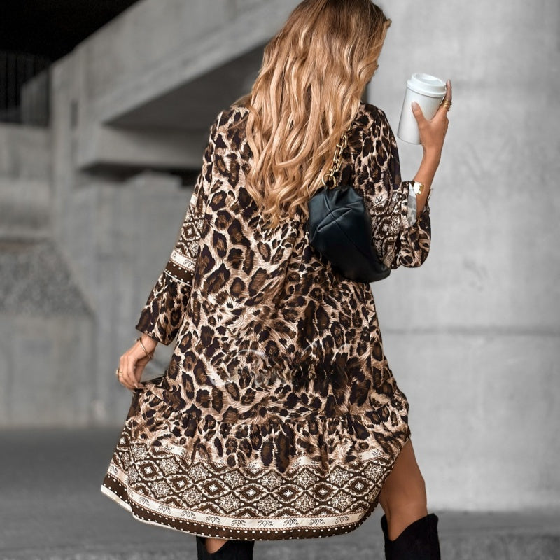 Elegant V-Neck Long-Sleeve Printed Dress - MYSTERYBOXS