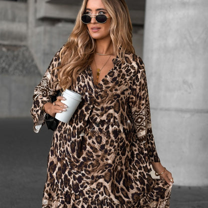 Elegant V-Neck Long-Sleeve Printed Dress - MYSTERYBOXS
