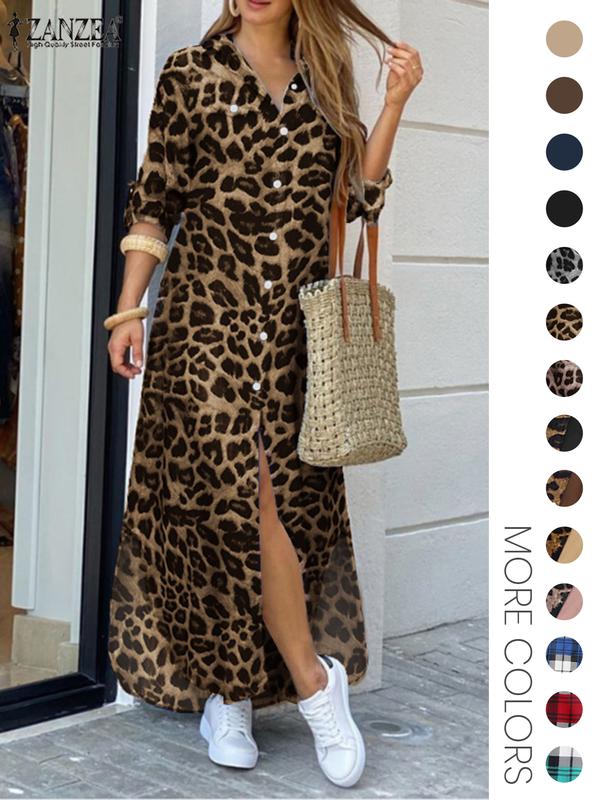 Women's Leopard Print Button Front Flap Pocket Shirt Dress, Casual Curved Hem Long Sleeve Collared Long Dress for Daily Wear, Ladies Clothes for All Seasons - MYSTERYBOXS