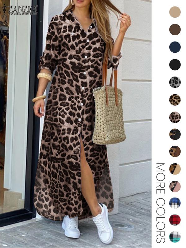 Women's Leopard Print Button Front Flap Pocket Shirt Dress, Casual Curved Hem Long Sleeve Collared Long Dress for Daily Wear, Ladies Clothes for All Seasons - MYSTERYBOXS