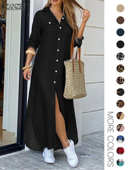 Women's Leopard Print Button Front Flap Pocket Shirt Dress, Casual Curved Hem Long Sleeve Collared Long Dress for Daily Wear, Ladies Clothes for All Seasons - MYSTERYBOXS