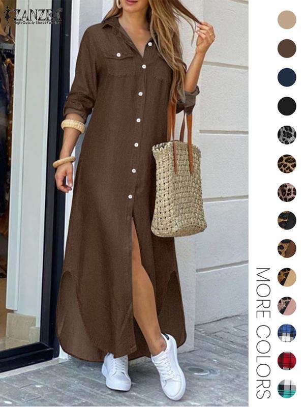 Women's Leopard Print Button Front Flap Pocket Shirt Dress, Casual Curved Hem Long Sleeve Collared Long Dress for Daily Wear, Ladies Clothes for All Seasons - MYSTERYBOXS