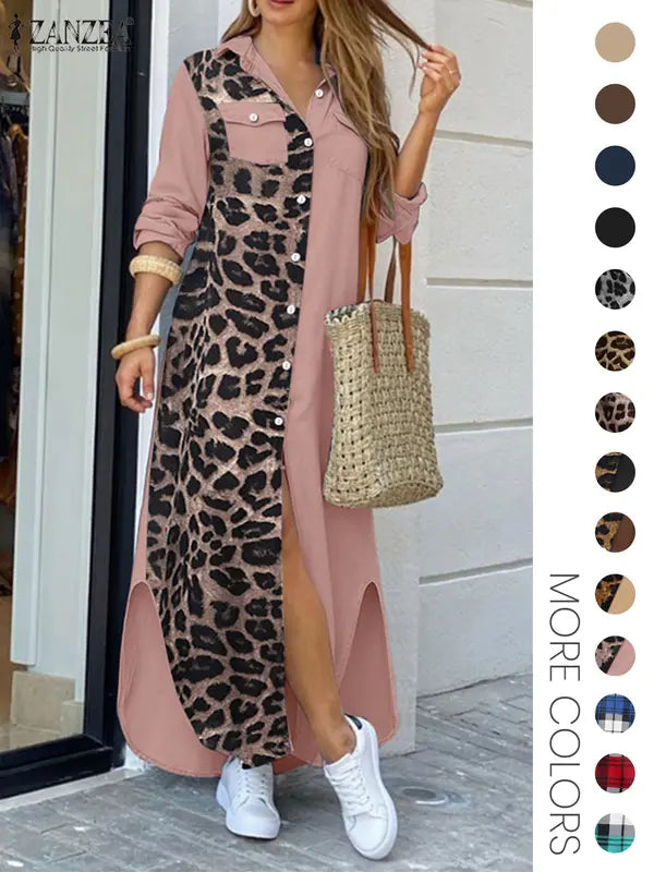 Women's Leopard Print Button Front Flap Pocket Shirt Dress, Casual Curved Hem Long Sleeve Collared Long Dress for Daily Wear, Ladies Clothes for All Seasons - MYSTERYBOXS