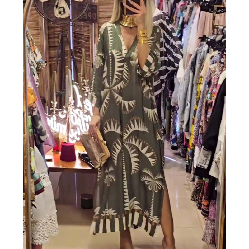 Women's Vintage Coconut Tree Print Dress with 3/4 Sleeve & Split Hem - MYSTERYBOXS