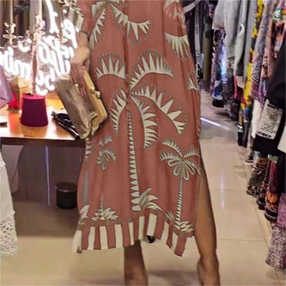 Women's Vintage Coconut Tree Print Dress with 3/4 Sleeve & Split Hem - MYSTERYBOXS
