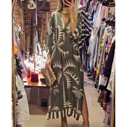 Women's Vintage Coconut Tree Print Dress with 3/4 Sleeve & Split Hem - MYSTERYBOXS