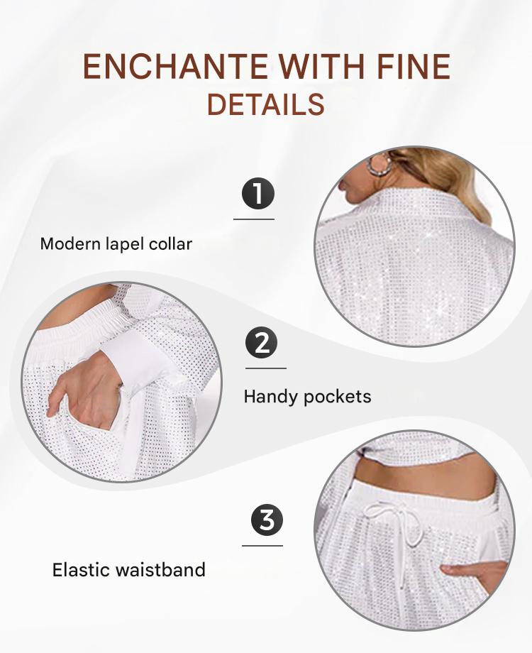 Women's Sequin Blazer and Wide Leg Pants (3-Piece Set) - MYSTERYBOXS