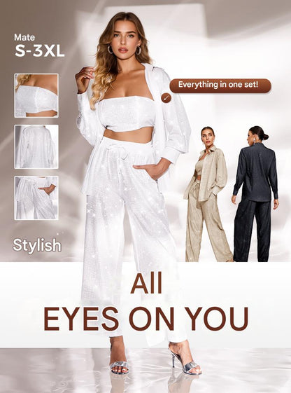 Women's Sequin Blazer and Wide Leg Pants (3-Piece Set) - MYSTERYBOXS