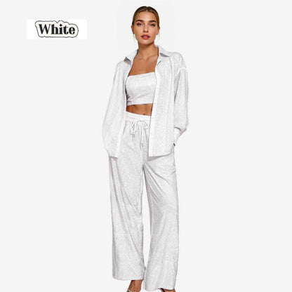 Women's Sequin Blazer and Wide Leg Pants (3-Piece Set) - MYSTERYBOXS
