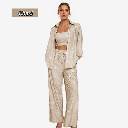 Women's Sequin Blazer and Wide Leg Pants (3-Piece Set) - MYSTERYBOXS
