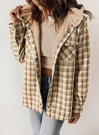 Women's Autumn/Winter Plaid Jacket Long Sleeve Buckle Hooded Jacket Warm Coat - MYSTERYBOXS