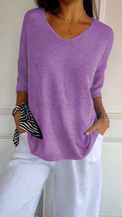 Rosel - Plain knitted top with V-neck - MYSTERYBOXS