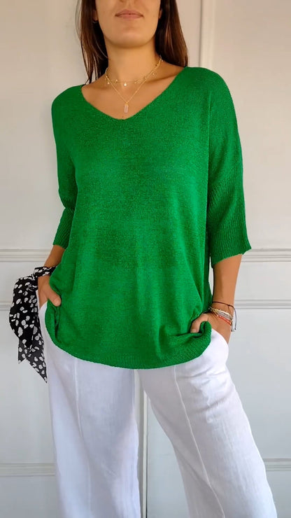 Rosel - Plain knitted top with V-neck - MYSTERYBOXS