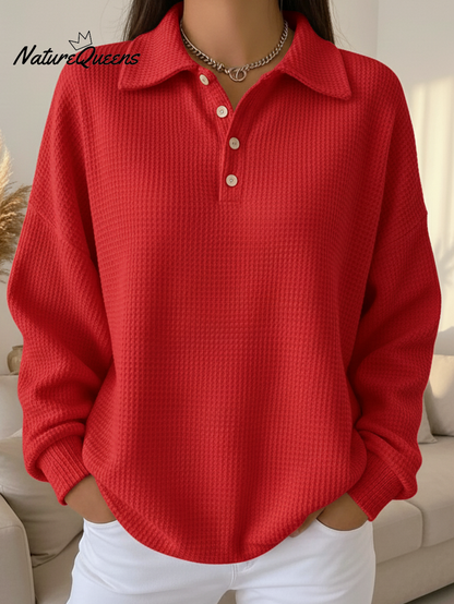 Women's Casual Polo Button Waffle Top Sweatshirt - MYSTERYBOXS