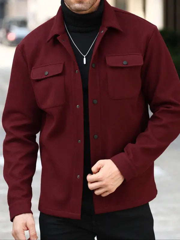 Men's Button Front Pocket Jacket Coats, Casual Collared Long Sleeve Outerwear for Fall & Winter - MYSTERYBOXS