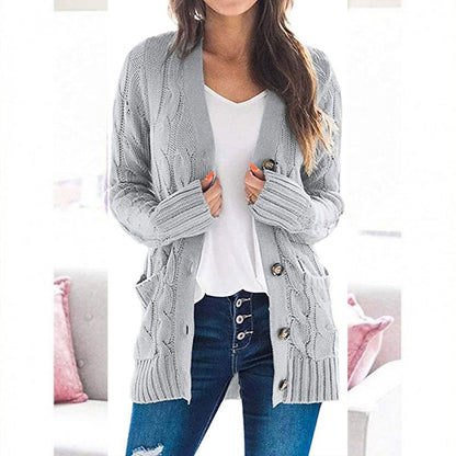 Women's Fall Casual Long Sleeve Button Down Open Front Cable Knit Cardigan - MYSTERYBOXS