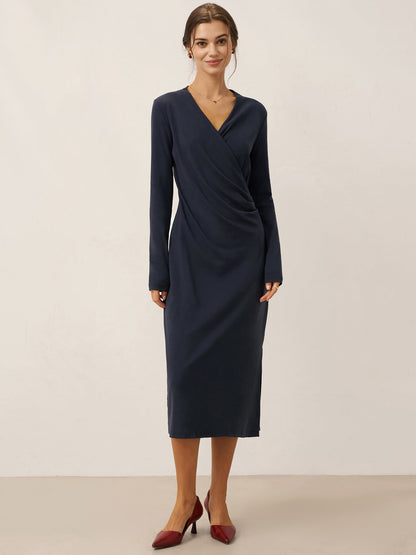Linen Crossover V-Neck Wrap Stretch Midi Dress - MYSTERYBOXS