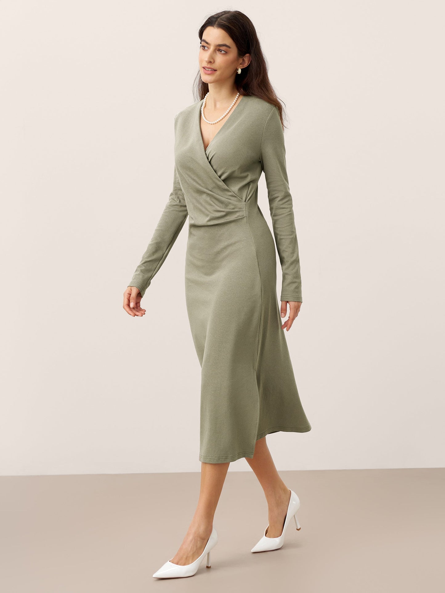 Linen Crossover V-Neck Wrap Stretch Midi Dress - MYSTERYBOXS