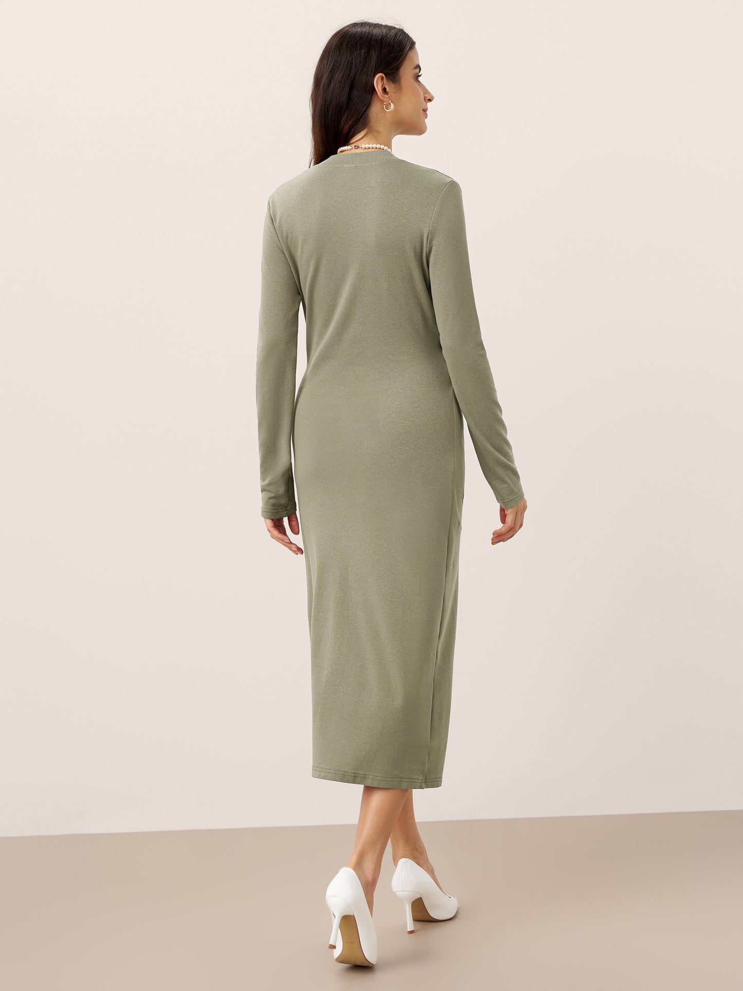 Linen Crossover V-Neck Wrap Stretch Midi Dress - MYSTERYBOXS