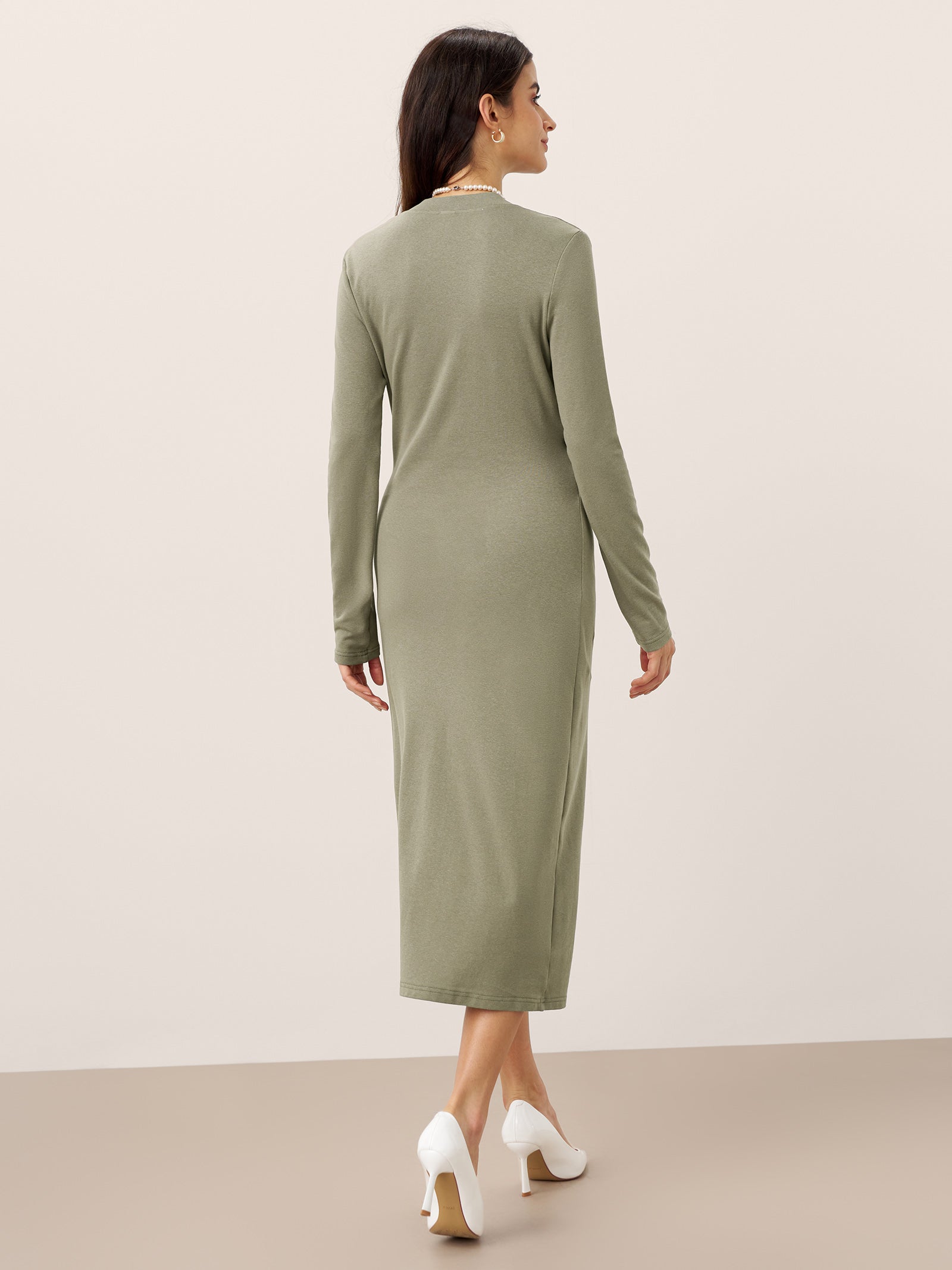 Linen Crossover V-Neck Wrap Stretch Midi Dress - MYSTERYBOXS