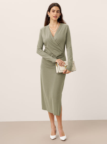 Linen Crossover V-Neck Wrap Stretch Midi Dress - MYSTERYBOXS