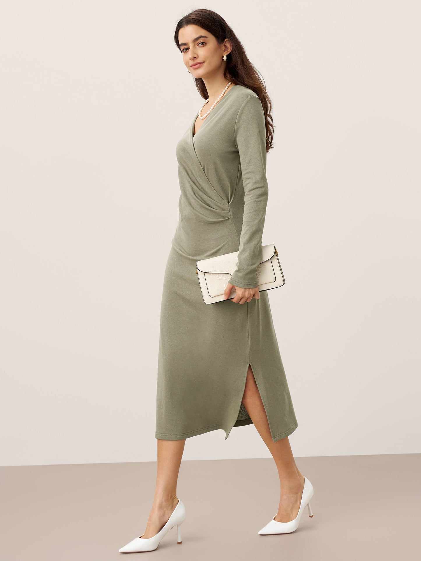 Linen Crossover V-Neck Wrap Stretch Midi Dress - MYSTERYBOXS