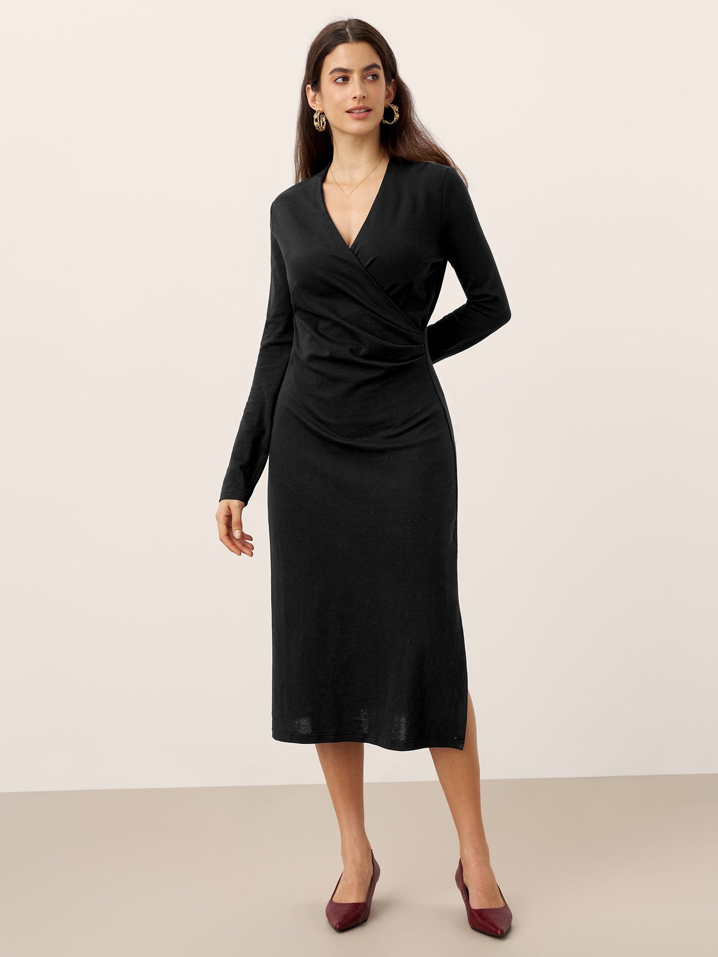 Linen Crossover V-Neck Wrap Stretch Midi Dress - MYSTERYBOXS