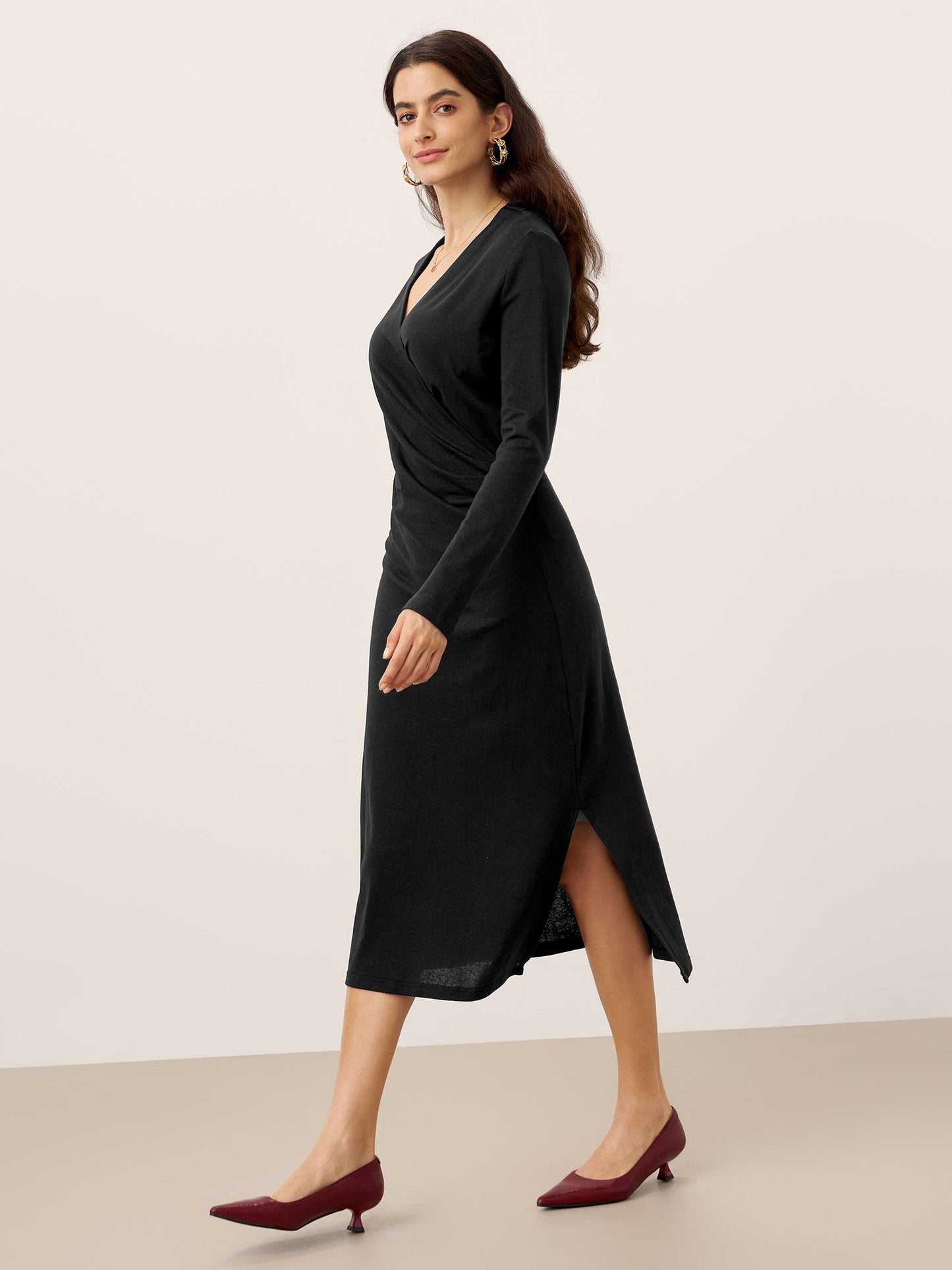 Linen Crossover V-Neck Wrap Stretch Midi Dress - MYSTERYBOXS